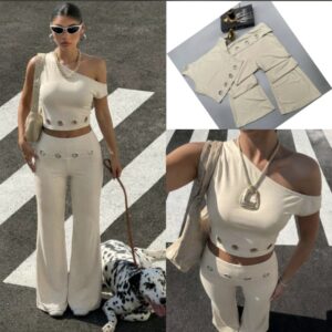 Metallic Ring Off Shoulder Flare Pant set