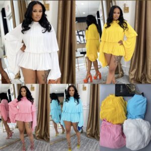 Stylish Lantern Sleeve Top And Ruffled Set