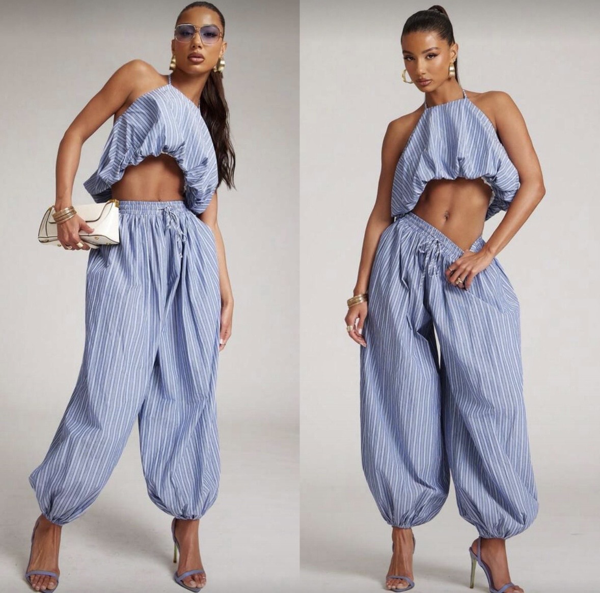 Halter Balloon Stripped Barrel Jogger Set